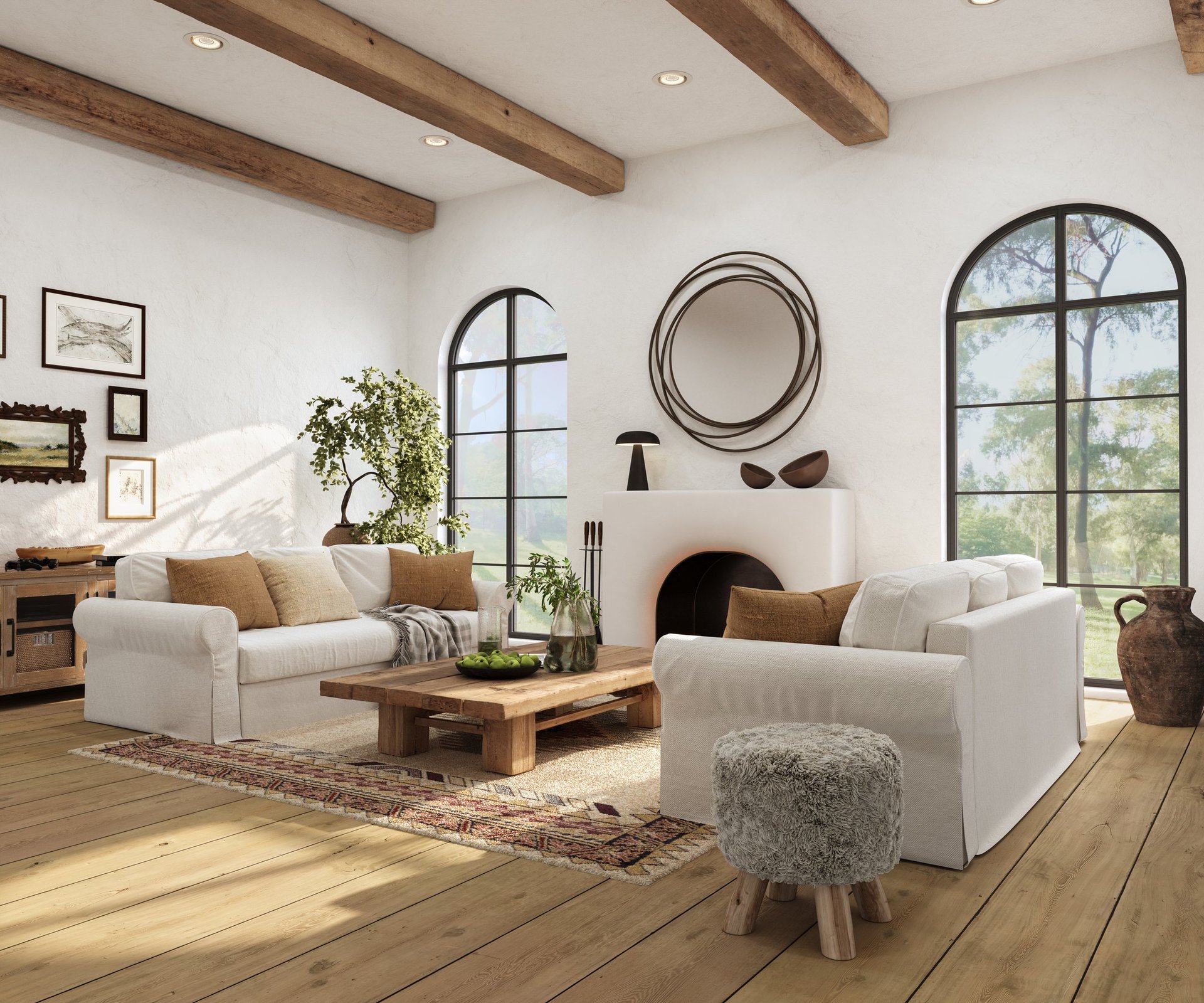 Wabi sabi living room interior with arch windows and fireplace