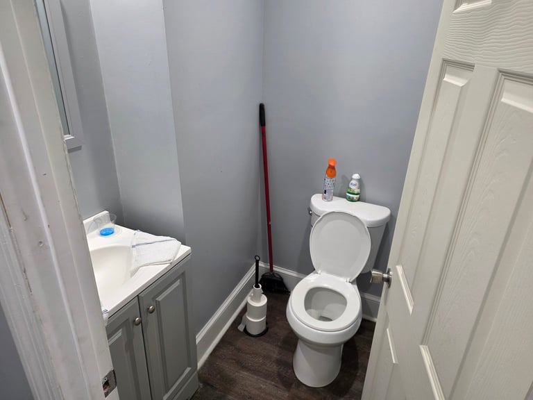Small bathroom with white toilet, pedestal sink, dark wood floor, and gray walls with white trim doors