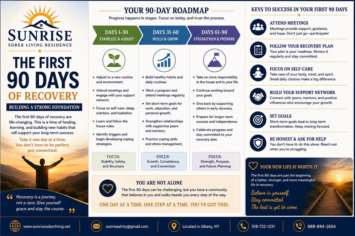 Sunrise Sober Living 90-day recovery roadmap infographic