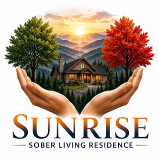Sunrise Sober Living Residence logo featuring cupped hands holding a house with autumn trees and mountains at sunrise